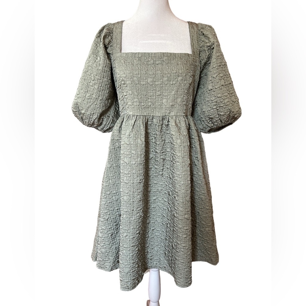 Sage Textured Babydoll Dress Puff Sleeve Square Neck Cottagecore Romantic NWT L - Picture 3 of 10
